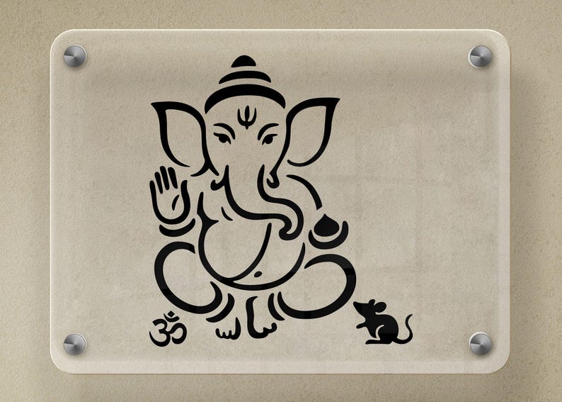 May include: A black line drawing of the Hindu deity Ganesha on a rectangular, off-white background. The image is mounted on a clear acrylic panel with four silver screws. The image includes the Om symbol and a mouse.
