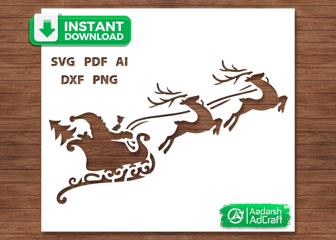 Reindeer Pulling Santa Sleigh on Christmas Eve Stencil Art, Vector SVG ...