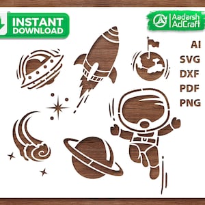 Könnte beinhalten: Ein weißes Schablonenblatt mit Weltraum-Designs. Dazu gehören eine Rakete, ein Astronaut, ein Planet, ein UFO und Sterne. Der Text "Sofort-Download" und Dateityp-Optionen sind ebenfalls enthalten: AI, SVG, DX, PDF und PNG.