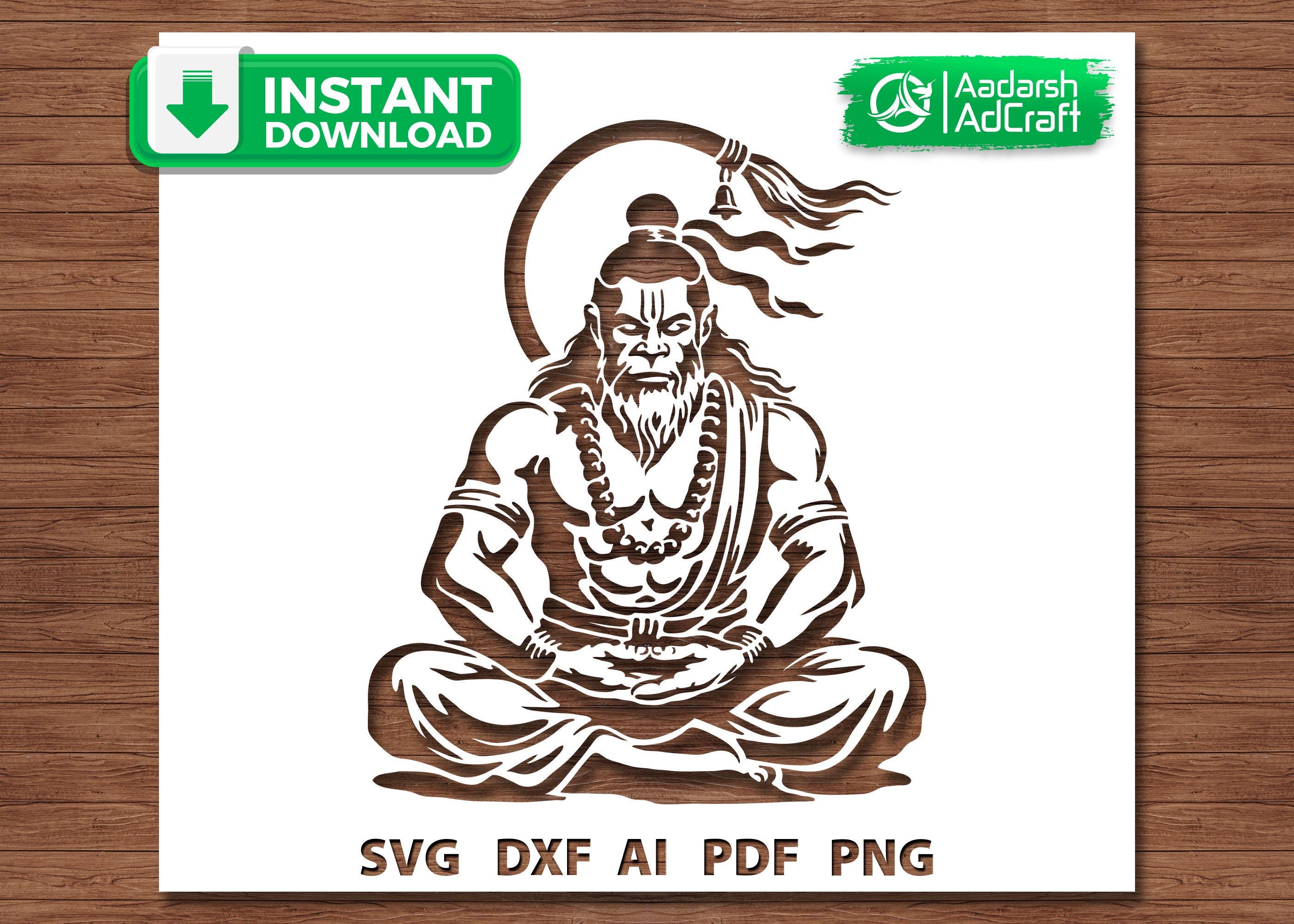 Lord Hanuman Meditation Pose Stencil SVG, Hindu God Template for