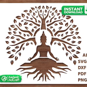 May include: A white silhouette of a meditating Buddha figure with a tree growing from the top of the head and roots extending from the base of the figure. The tree has many leaves and branches.