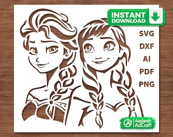 Plantilla de Frozen Snow Sisters / Archivo de corte SVG de princesas inspiradas en Disney, plantilla de silueta de Elsa y Anna para Cricut, decoración de paredes y manualidades