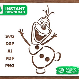 May include: Black and white line art stencil of Olaf, a snowman character from the movie Frozen, with his arms raised and a big smile. The stencil is on a white background.