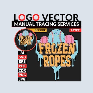 Puede incluir: Diseño gráfico con el texto «LOGO VECTOR MANUAL TRACING SERVICES». El diseño incluye un logotipo con temática de béisbol con las palabras «FROZEN TROPES» y una comparación «ANTES» y «DESPUÉS». Tipos de archivo: AI, SVG, EPS, PDF, CDR, PNG, JPG.