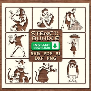 Könnte beinhalten: Ein Schablonen-Bundle mit verschiedenen Designs, darunter ein Affe mit Feuerzeug, ein Mädchen unter einem Regenschirm und eine Ratte mit Kamera. Der zentrale Text lautet "Stencil Bundle" mit "Sofort-Download" und Dateitypoptionen: SVG, PDF, AI, DXX und PNG. Die Designs sind im Holzstichstil.