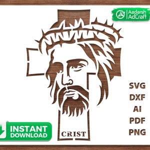 May include: A black and white silhouette of Jesus Christ on a cross with a crown of thorns. The image is a digital download and includes SVG, DXF, AI, PDF, and PNG file formats.