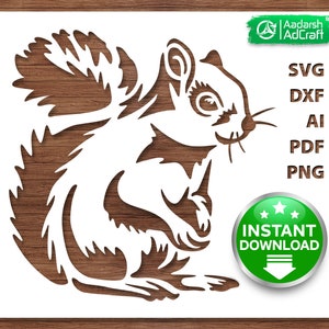 Peut inclure: Une silhouette blanche d'un écureuil avec une queue touffue, face à droite, avec un design détaillé. L'image est sur un fond blanc avec le texte "Aardarsh AdCraft" et "SVG, DXF, AI, PDF, PNG" en texte vert. Il y a un bouton vert avec le texte "TÉLÉCHARGEMENT INSTANTANÉ" et une icône de téléchargement.