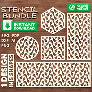 May include: A stencil bundle featuring a design in five shapes, including a circle, square, hexagon, rectangle, and long rectangle. The stencils are white and have a repeating flame pattern. The image includes the text "STENCIL BUNDLE" and "INSTANT DOWNLOAD".