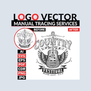 Peut inclure: Logo noir et blanc pour le "Country Music Festival" avec une guitare, des ailes et du texte. L'image montre une comparaison "Avant" et "Après" du logo, avec des options de format de fichier : AI, SVG, EPS, PDF, CDR, PNG et JPG.