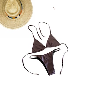 Dark Purple Ribbed Bikini Set – Adjustable Tie-Back Top & High-Cut Bottom, Minimalist Swimwear for Women -  24-hrs Delivery