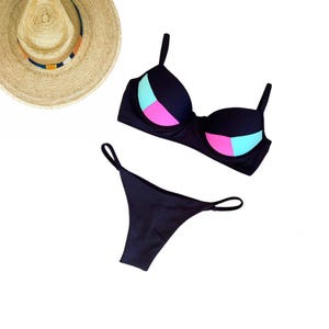 Black Brazilian Bikini with Color Block Top – Trendy Padded Two-Piece Swimsuit