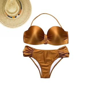 Golden Brown Bandeau Bikini Set – Braided Detail Top & Ruched Bottom, Elegant Summer Swimwear - 24-hrs Delivery