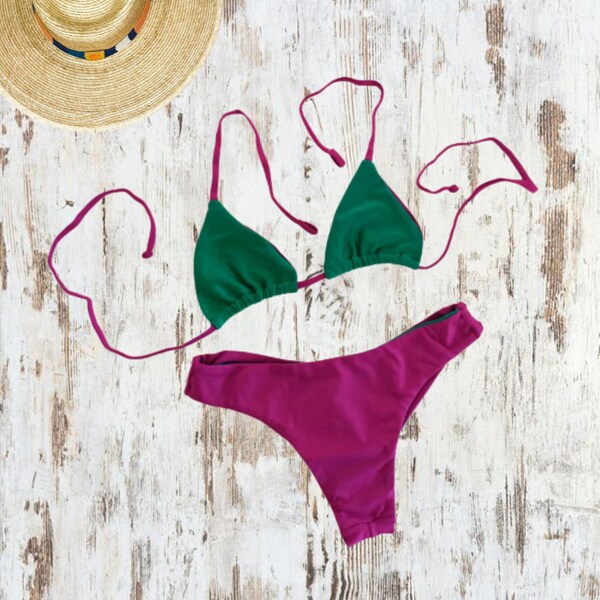 DARK GREEN BIKINI & Purple Bikini Set | Mellow Dark Green Triangle Bikini Top | Brazilian String Bikini