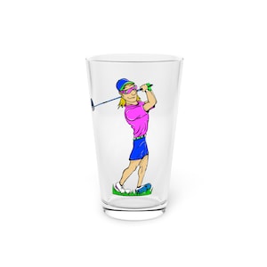 Neon Golfer Guy Cartoon Pint Glass, Golf Lover Beer Mug, 16oz Cup, Funny Golfing Gift Idea, Sports Barware Decor, Golf Tournament Souvenir
