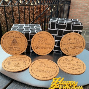 Birthday gift - round cork coaster set, laser engraved gift, eco-friendly coasters, friends, kids, personalised, special day, party,  cake