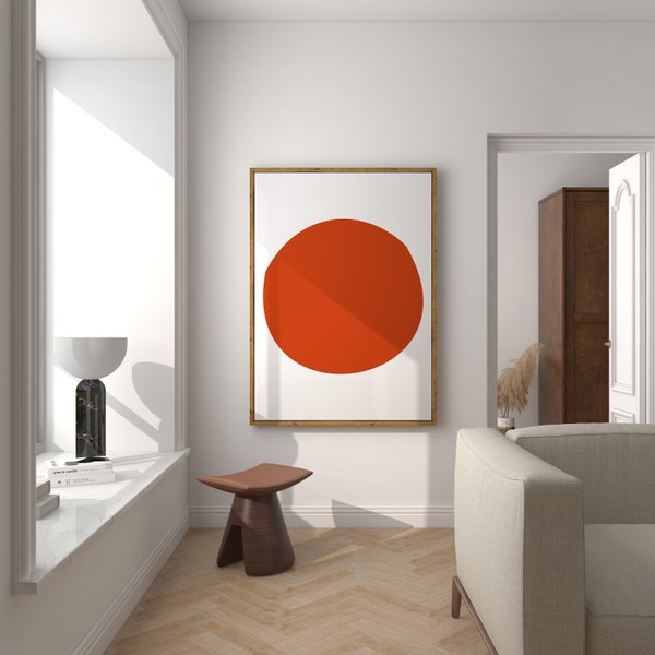 Abstract Red Sun Geometric Art Print in Minimalist Style, Abstract Wall Art, Orange Orb, Abstract Modern Art Print Orange, Large Sun