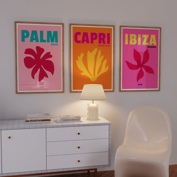 Travel Art Print Set of 3 Posters, Bright Coloured Travel Print, Ibiza Poster, Capri Bohemia Poster, Florida Print, Colourful Travel Art