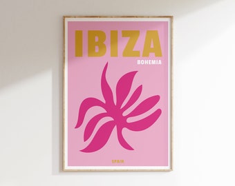 Ibiza Travel Print, heller farbiger Reisedruck, Ibiza Poster, hellrosa Ibiza Bohemia Poster, Spanien Print, bunte Reisekunst, rosa Art