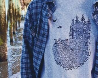 Tree Stump TShirt, Handprinted TShirt, Nature Tee, Mushroom Shirt, Naturecore, Blockprinted TShirt, Heather Grey TShirt