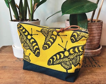 Luna Moth Zipper Pouch, Block Printed Zipper Pouch, Mustard Yellow Zipper Pouch, Cosmetic Bag, Toiletry Bag, Handmade Bag, Zipper Pouch