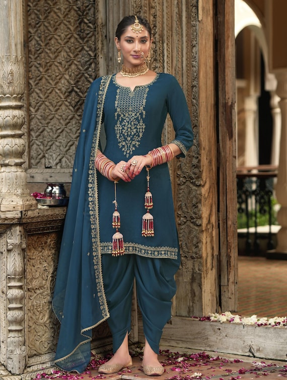 Punjabi Salwar Suit With Dhoti Style Pant - Embroidered Suit - 6 Colours Available, Punjabi Suit for Wedding, Party and Any Occasion