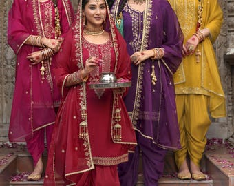 Punjabi Salwar Suit with Dhoti Style Pant - Embroidered Suit - 6 colours available, punjabi suit for wedding, party and any occasion.