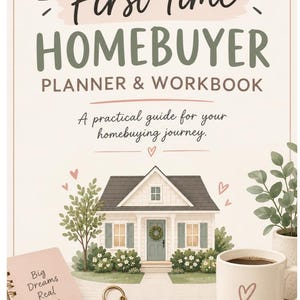 May include: A First-Time Homebuyer Planner & Workbook with a cover illustration of a house, a small pink spiral notebook with the text Big Dreams Real Plans, a gold house-shaped keychain with a key, and a white mug with a heart icon.