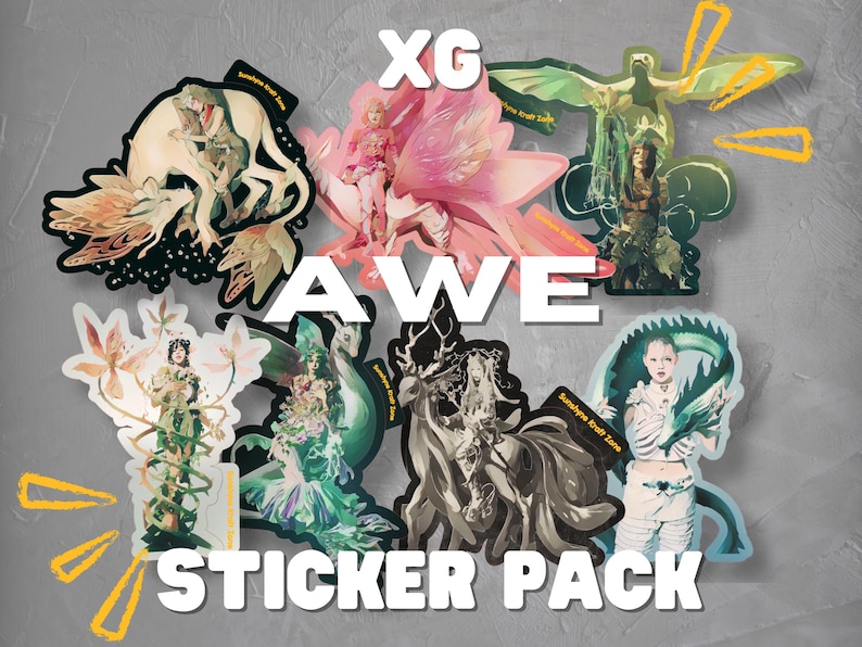 Może przedstawiać: Zestaw naklejek z tekstem "XG AWE STICKER PACK" w białych literach na szarym tle. Naklejki przedstawiają kolorowe ilustracje fantastycznych stworzeń i postaci.
