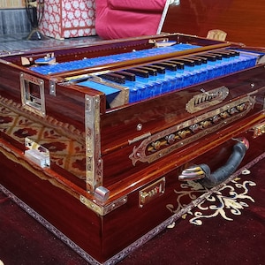 Premium Luxury Special Blue Keys 3 Line 9 Scale Changer Harmonium - Brown Walnut Color