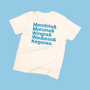 May include: A white t-shirt with blue text that reads "Mendota & Monona & Wingra & Waubesa & Kegonsa."