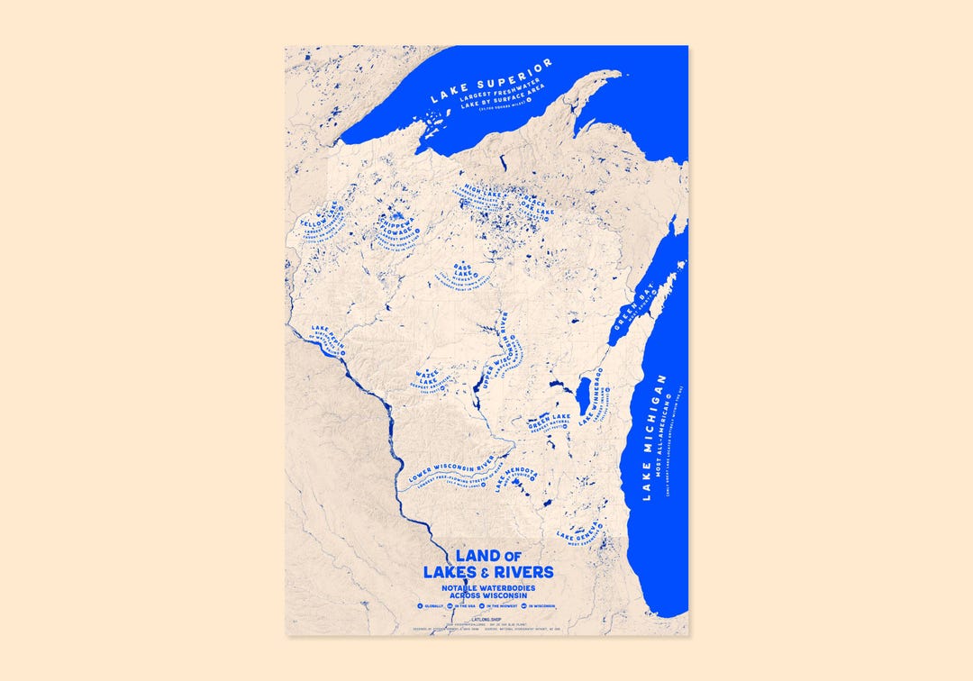 Wi Country Wisconsin / Land of Lakes & Rivers / Map Art Print - Etsy
