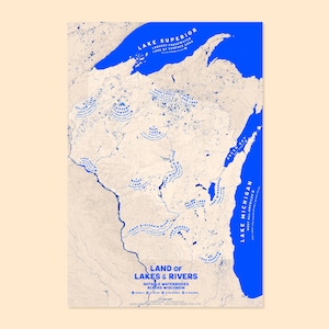 Wisconsin / Land der Seen & Flüsse / Landkarte Kunstdruck