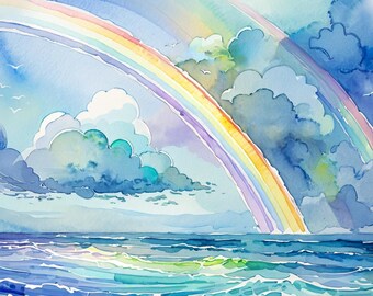 Ocean Rainbow Watercolor – Vibrant Seascape Art Print