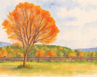 Watercolor Fall Tree Print – Autumn Landscape Wall Art – Instant Digital Download