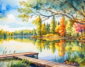 Autumn Lake Watercolor – Serene Landscape Art Print