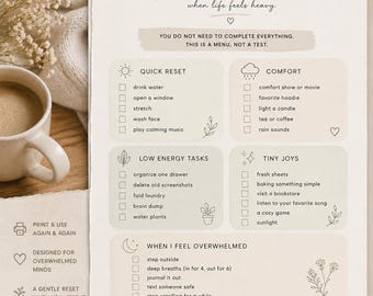 Dopamine Menu for Overwhelmed People | ADHD Reset Checklist Printable | Cozy Self Care PDF | Soft Life Digital Download |