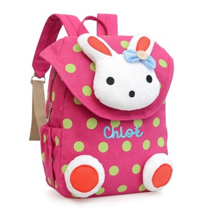Sac à dos enfant fille rose fushia motif lapin à pois personnalisé au prénom