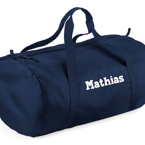 Navy blue waterproof duffel bag personalized with the first name