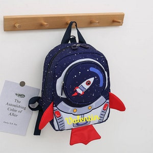 Sac à dos enfant garçon fusée bleu marine personnalisé au prénom