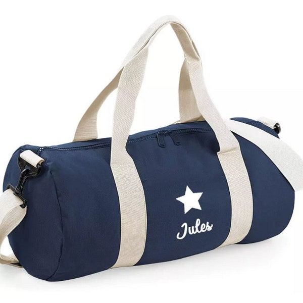 Sac polochon bleu marine et blanc personnalisé au prénom