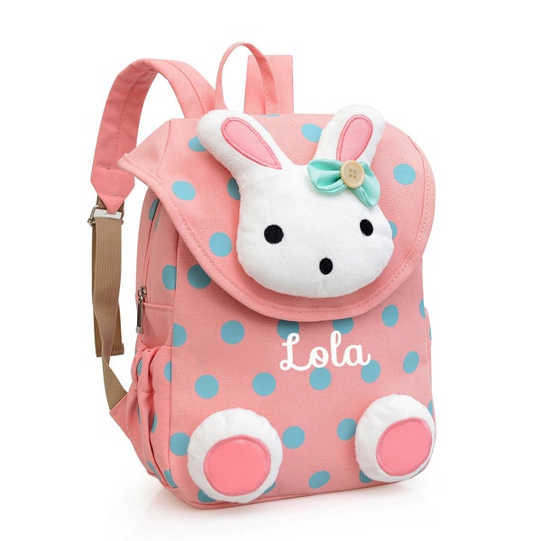 Children's girls' light pink backpack with polka dot rabbit pattern, personalized with first name