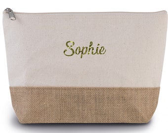 Cotton and natural jute toiletry bag personalized with first name