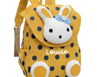 Sac à dos enfant fille moutarde motif lapin à pois personnalisé au prénom