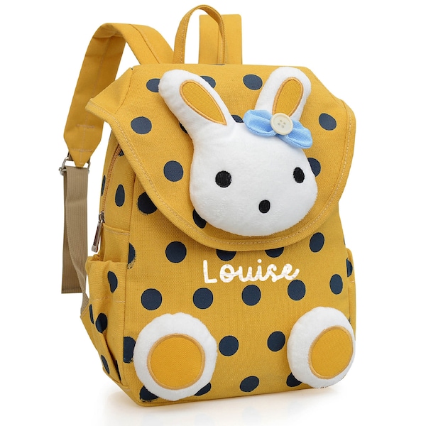 Sac à dos enfant fille moutarde motif lapin à pois personnalisé au prénom