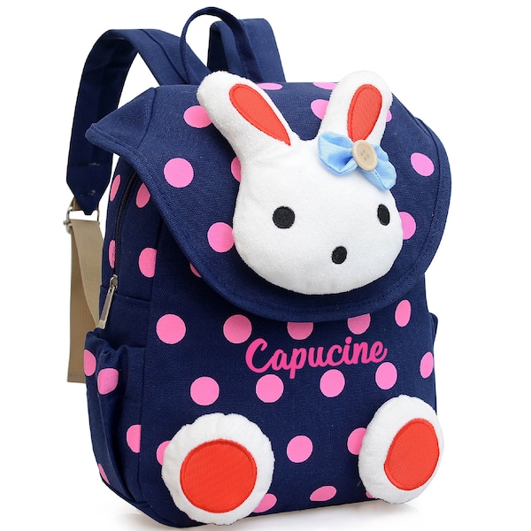 Sac à dos enfant fille bleu marine motif lapin à pois rose personnalisé au prénom