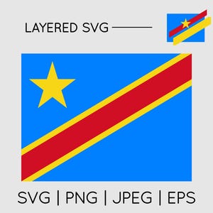 May include: A blue flag with a yellow star and a red diagonal stripe, with a yellow border. The image also includes a smaller version of the flag and the text "LAYERED SVG". Below the flag are the file formats: SVG, PNG, JPEG, and EPS.