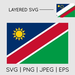 Op de afbeelding: Een afbeelding van de Namibische vlag, met een blauwe linkerbovenhoek met een gele zon, een rode diagonale streep en een groene rechterbenedenhoek. De afbeelding bevat de tekst "LAYERED SVG" en bestandstype-opties: SVG, PNG, JPEG en EPS.