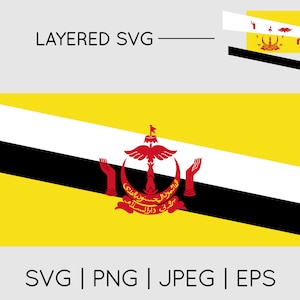 May include: The flag of Brunei, a yellow flag with a black diagonal stripe, a white diagonal stripe, and a red crest in the center. The crest features a yellow crescent moon, a five-pointed star, and a pair of outstretched hands.
