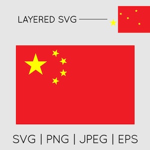 May include: A red flag with a large yellow five-pointed star in the upper left corner and four smaller yellow stars arranged in a rectangle in the upper right corner. The text "LAYERED SVG" is at the top of the image.