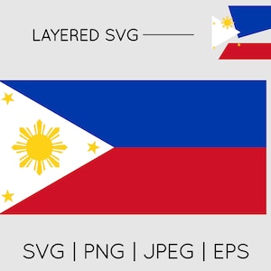 May include: The flag of the Philippines, a blue, white, and red rectangle with a yellow sun and stars. The flag is layered for easy editing.